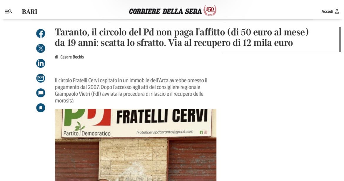 fratotolo2's tweet photo. Taranto, il circolo del PD non paga l'affitto (di soli 50 euro al mese) da 19 anni: così è scattato lo sfratto e il recupero di 12 mila euro.

L'immobile è di proprietà dell'Arca, Agenzia regionale per la casa, di cui a Taranto è amministratore unico Denny Pascarella, marito di Alexia Serio, consigliere e capogruppo PD al Comune.