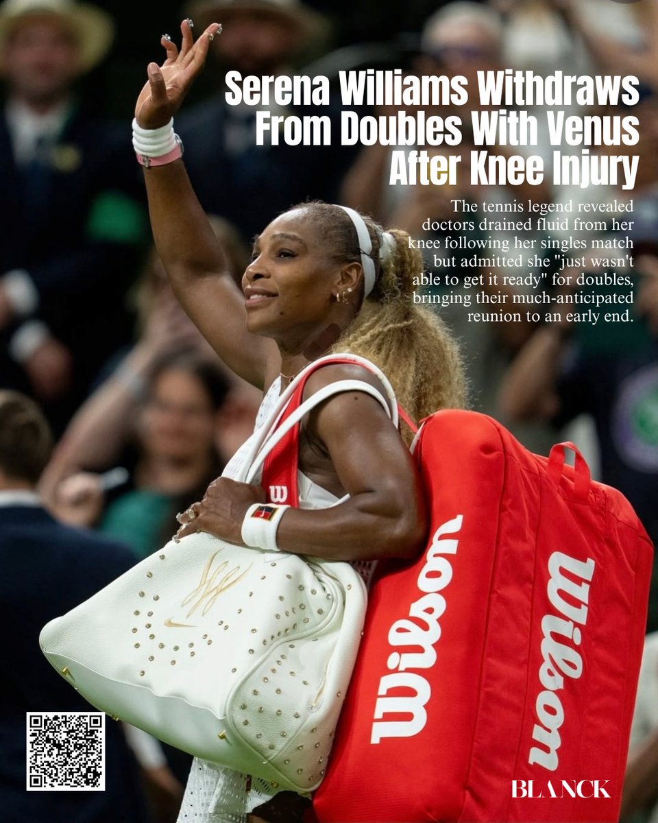 fasindi's tweet photo. Serena and Venus' long-awaited reunion on the doubles court has been cut short. 💔

Serena Williams has withdrawn from the doubles event after a knee injury failed to heal in time. Read more in link 
https://t.co/SsRmHXSoCK https://t.co/7XdUES04zD