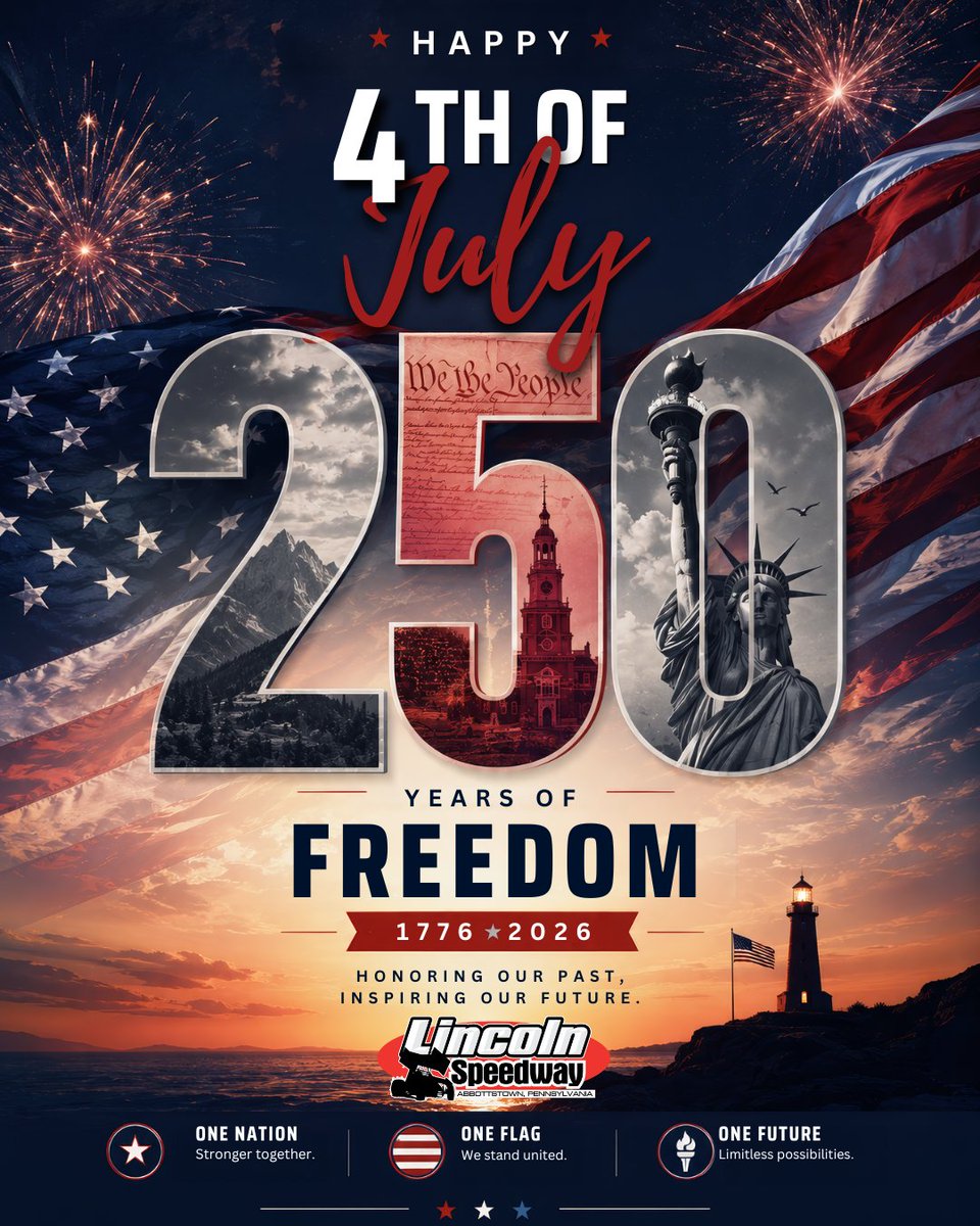 lincolnspeedway's tweet photo. Happy Independence Day from Lincoln Speedway! 

Today we celebrate America's 250th birthday and honor those who have served and continue to serve our country.

Reminder: There is no racing today. Stay cool, stay hydrated, &amp; have a safe Fourth of July with family &amp; friends! 🏁🇺🇸 https://t.co/zfPqXOJ8DC