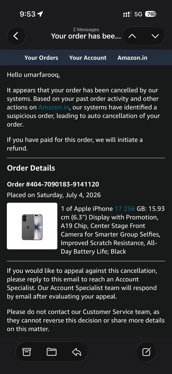 UmarUFK's tweet photo. Scam by @AmazonIN!
Ordered the iPhone 17 twice during this sale,&amp; both times my order was cancelled without any valid reason after confirmation. This is nothing but fake inventory drama to attract customers.
Unfair trade practices!Fix this &amp; give an explanation ASAP. @amazonIN https://t.co/87B5wLOFbM