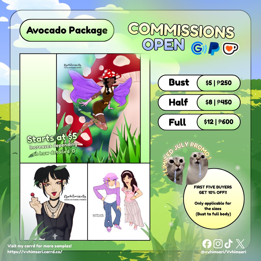 vvhimseri's tweet photo. July Promo!!! FIRST FIVE BUYERS GET 10% OFF on any chosen size (profile to full body)

I offer art comms in 3 different art style packages (all start at $5 and increases depending on how detailed the request is!)

Further details are stated in my Carrd: https://t.co/yFIbIR3ig7 https://t.co/EQwSssZk4f