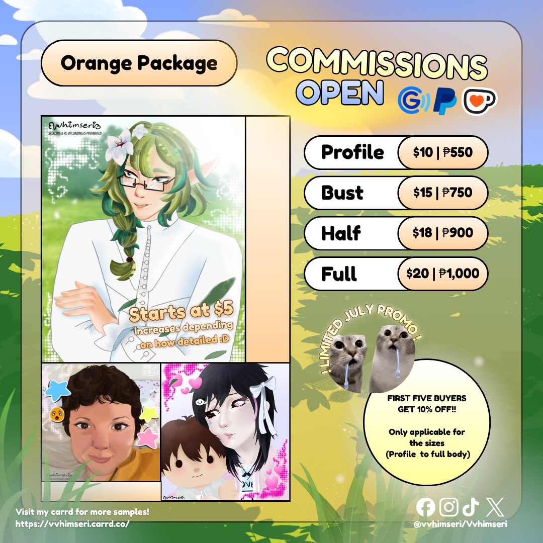 vvhimseri's tweet photo. July Promo!!! FIRST FIVE BUYERS GET 10% OFF on any chosen size (profile to full body)

I offer art comms in 3 different art style packages (all start at $5 and increases depending on how detailed the request is!)

Further details are stated in my Carrd: https://t.co/yFIbIR3ig7 https://t.co/EQwSssZk4f
