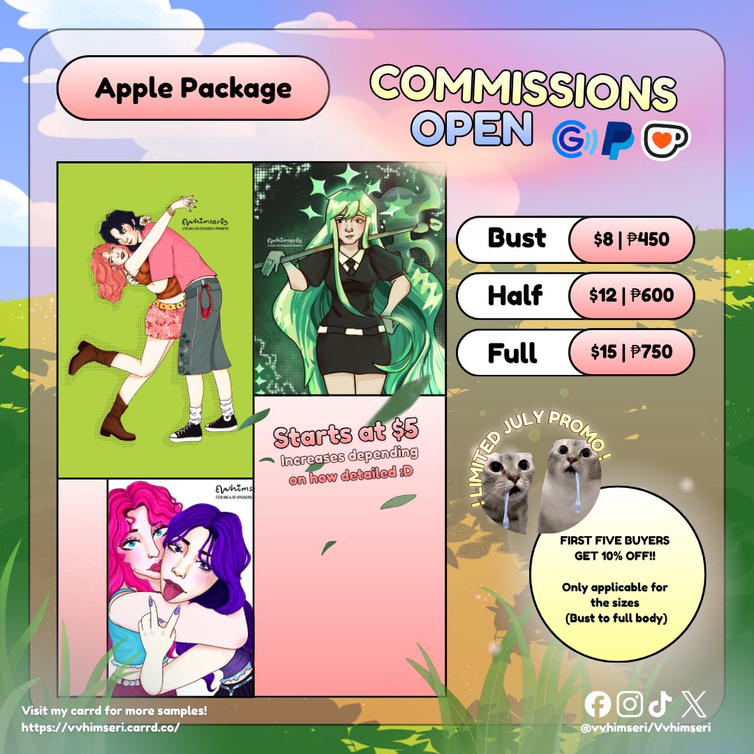 vvhimseri's tweet photo. July Promo!!! FIRST FIVE BUYERS GET 10% OFF on any chosen size (profile to full body)

I offer art comms in 3 different art style packages (all start at $5 and increases depending on how detailed the request is!)

Further details are stated in my Carrd: https://t.co/yFIbIR3ig7 https://t.co/EQwSssZk4f