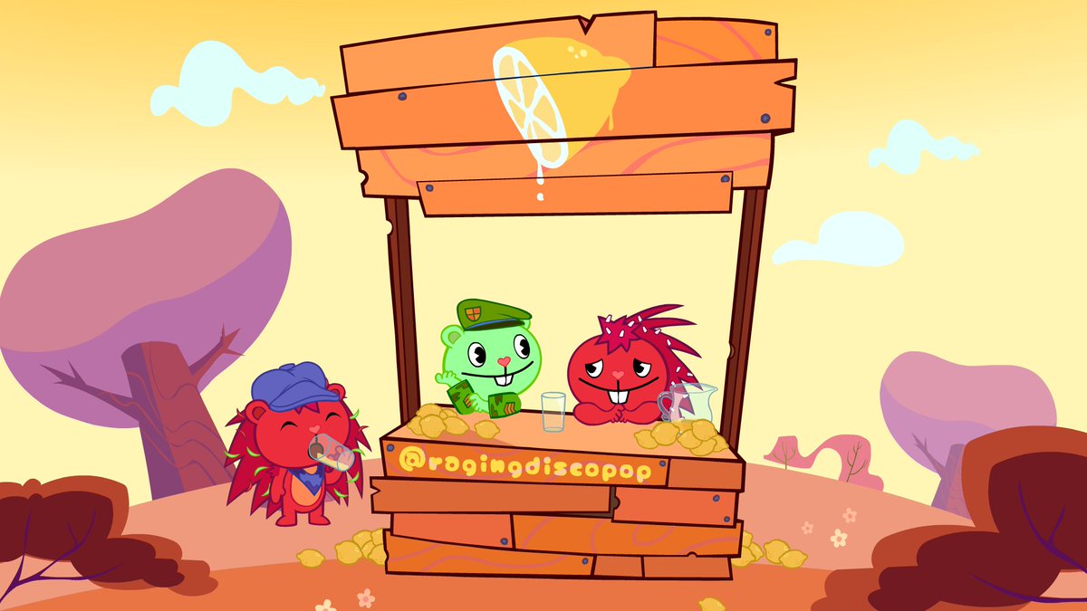 ragingdiscopop's tweet photo. Requested by @RizardLiz, Sheddy (his Flippaky fankid) with Flippy and Flaky in the lemonade stand!! Doing this was fun, also check his work it's very awesome!!

#htftwt #happytreefriends https://t.co/kM6SDisb8c
