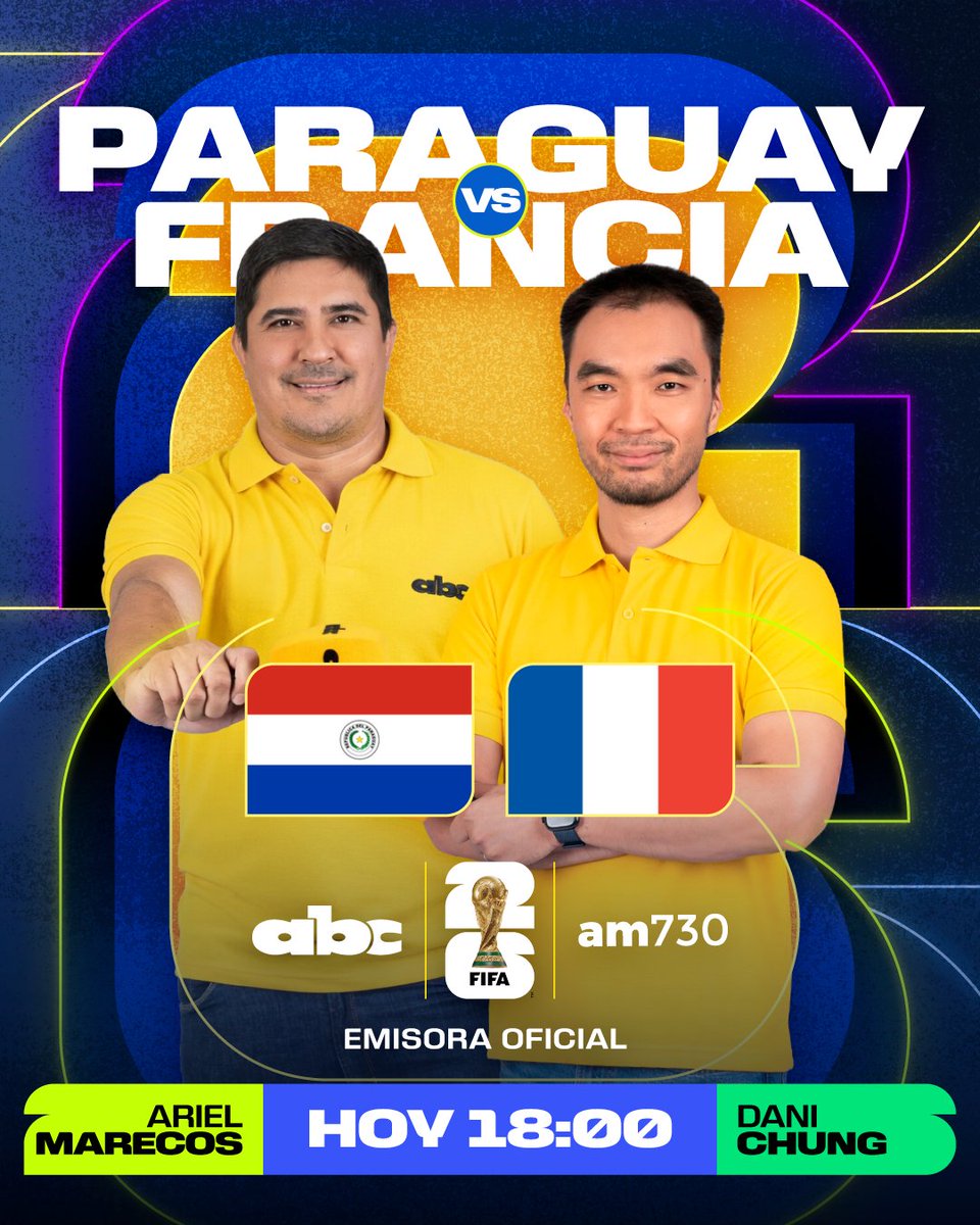 ABCDeportes's tweet photo. A LA CAZA DE OTRA UTOPÍA IMPOSIBLE

🔶La selección paraguaya de fútbol se enfrenta esta tarde por los octavos de final de la Copa del Mundo 2026 ante Francia.

🔶El encuentro se diputará -por ahora- a las 18:00 (hora paraguaya), en el estadio Lincoln Financial Field, en Filadelfia.

🎙️Relata: @arielmarecosg 
🎙️Comenta: @Danichung 

📻💻Transmitirán el encuentro ABC Cardinal #730AM y ABC del Este 107.1 FM, ABC TV Paraguay en YouTube.

¡Y VOS LO VAS A VIVIR CÓMO EN LA CANCHA!