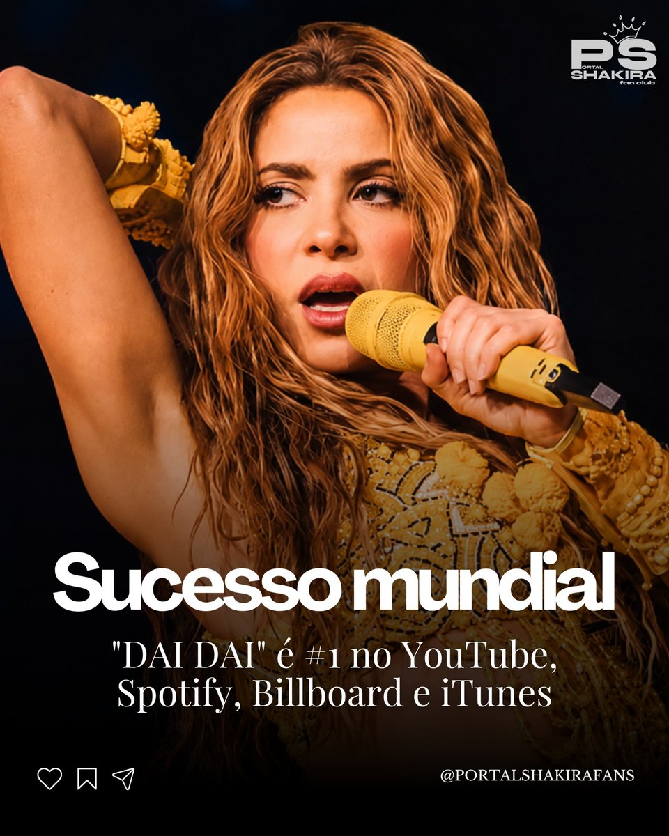 PortalShakira's tweet photo. 🚨 HISTÓRICO! 🚨 SHAKIRA, SHAKIRA!
“DAI DAI” é #1 no YouTube, Spotify, Billboard e iTunes ao mesmo tempo! 🌎🔥 
https://t.co/EmDSd7kU2i https://t.co/vYwkkbW5NR