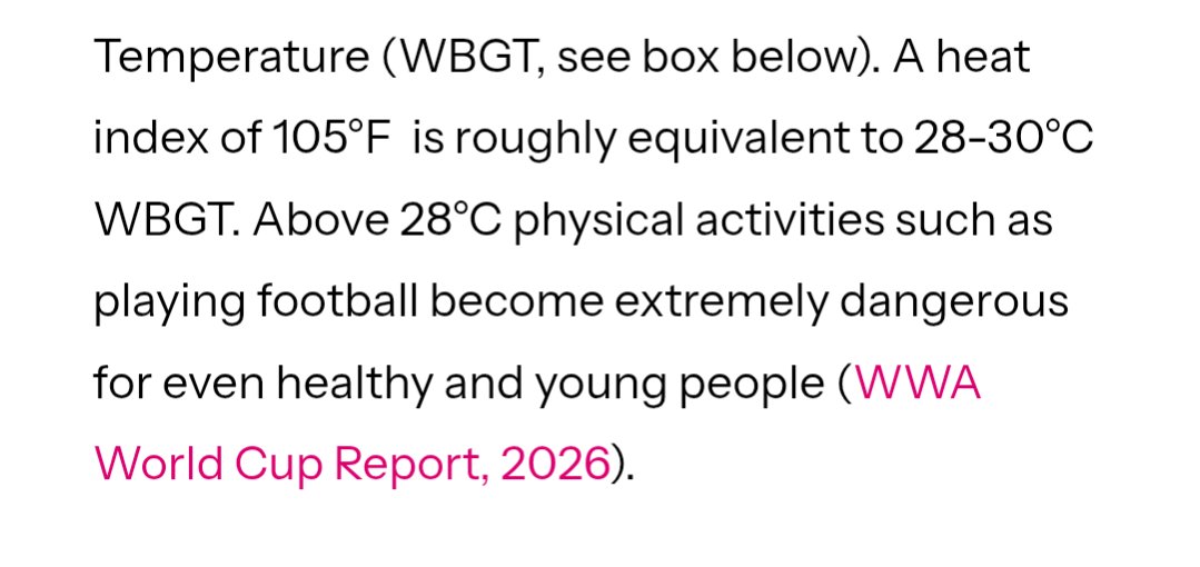 MarkSpitzer0484's tweet photo. This is a flawed study. According to the author of the study, they're trying to make an equivalence between the Heat Index and the WBGT by saying "a heat index of 105 is equivalent to a WBGT of 28-30C". They can't be compared. The Heat Index only takes into account temperature and humidity, while the WBGT takes into account temperature, humidity, wind, sun angle, and cloud cover. So mathematically, the two numbers are calculated and move independently of one another.