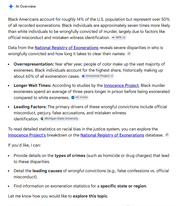 explorethe61293's tweet photo. @Jawn_Climax @kevinblue345 Furthermore, is we want to talk about the way those stats are collected, lets talk about Black people leading exonerations! https://t.co/rpC3TO4M5B