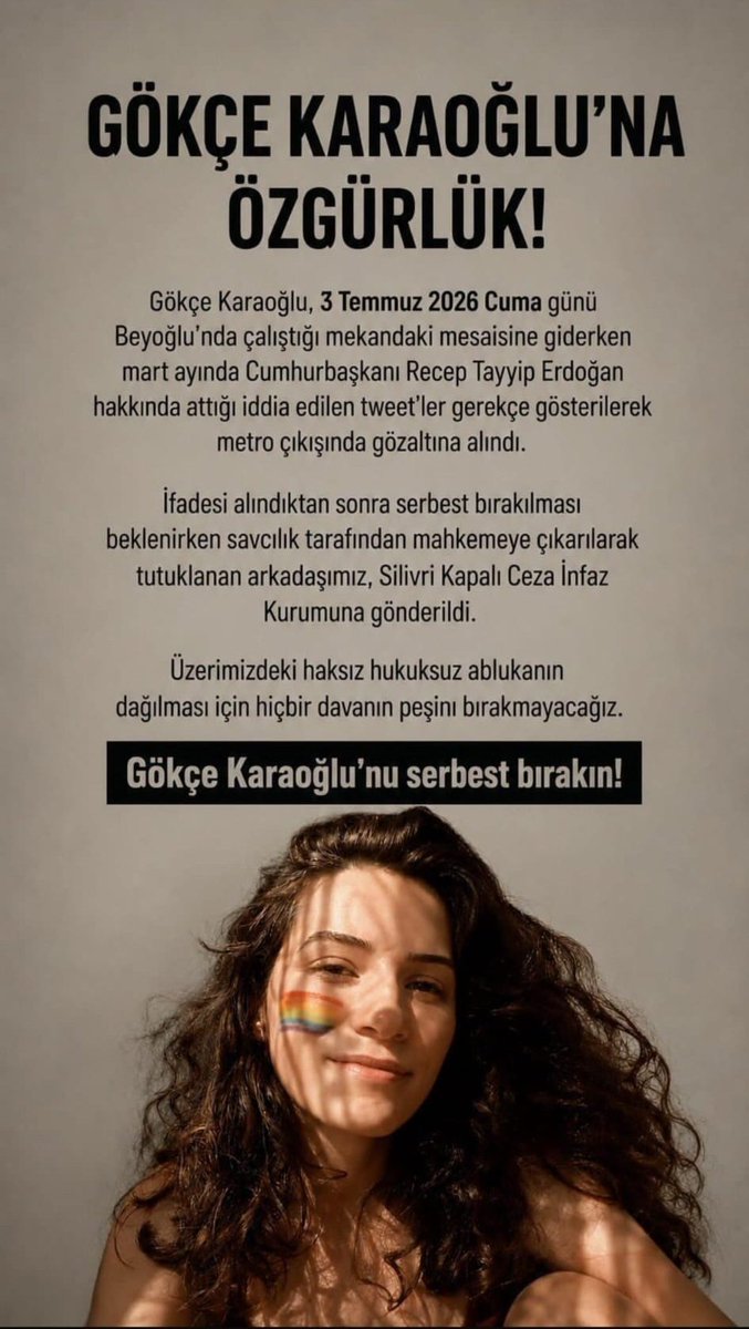 TKRgazete's tweet photo. Gökçe Karaoğlu, Cumhurbaşkanı Erdoğan hakkında mart ayında yaptığı sosyal medya paylaşımları gerekçe gösterilerek Beyoğlu'nda işine giderken gözaltına alındı.

Karaoğlu, Cumhurbaşkanı'na hakaret gerekçesiyle tutuklanarak Silivri'ye gönderildi. https://t.co/mCVBtjS9Oy