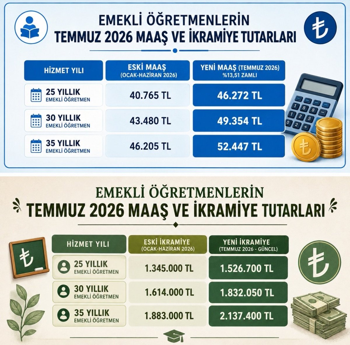 ogretmensitemiz's tweet photo. EMEKLİ ÖĞRETMENLERİN TEMMUZ 2026 MAAŞ TUTARLARI

Hizmet Yılı

25 Yıllık Emekli Öğretmen
Eski Maaş (Ocak–Haziran 2026): 40.765 TL
Yeni Maaş (Temmuz 2026 – %13,51 Zamlı): 46.272 TL

30 Yıllık Emekli Öğretmen
Eski Maaş (Ocak–Haziran 2026): 43.480 TL
Yeni Maaş (Temmuz 2026 – %13,51 Zamlı): 49.354 TL

35 Yıllık Emekli Öğretmen
Eski Maaş (Ocak–Haziran 2026): 46.205 TL
Yeni Maaş (Temmuz 2026 – %13,51 Zamlı): 52.447 TL

EMEKLİ ÖĞRETMENLERİN TEMMUZ 2026 İKRAMİYE TUTARLARI

Hizmet Yılı

25 Yıllık Emekli Öğretmen
Eski İkramiye (Ocak–Haziran 2026): 1.345.000 TL
Yeni İkramiye (Temmuz 2026 – Güncel): 1.526.700 TL

30 Yıllık Emekli Öğretmen
Eski İkramiye (Ocak–Haziran 2026): 1.614.000 TL
Yeni İkramiye (Temmuz 2026 – Güncel): 1.832.050 TL

35 Yıllık Emekli Öğretmen
Eski İkramiye (Ocak–Haziran 2026): 1.883.000 TL
Yeni İkramiye (Temmuz 2026 – Güncel): 2.137.400 TL