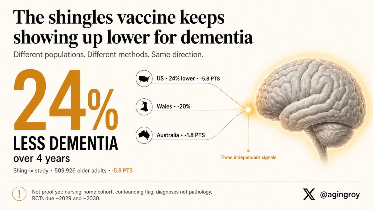 agingroy's tweet photo. Nobody went looking for a dementia drug in the shingles vaccine, but the results just keep adding up.

The shot was meant to stop shingles, the painful nerve rash caused by the chickenpox virus reactivating in older age. But when researchers tracked who got dementia years later, the vaccinated kept coming out lower. A review of 104 million people showed it. So did Wales, where a birthday cutoff randomly set who was eligible, and Australia after that, using the same method.

The newest study tested Shingrix, the version people get today, in half a million older adults. The vaccinated had 24% less dementia over four years.

One study can fool you. Four, run on different populations with different methods, usually don’t.

The vaccine already spares you a miserable illness. It now looks like it may protect the brain too, which is reason enough to ask your doctor after 50.