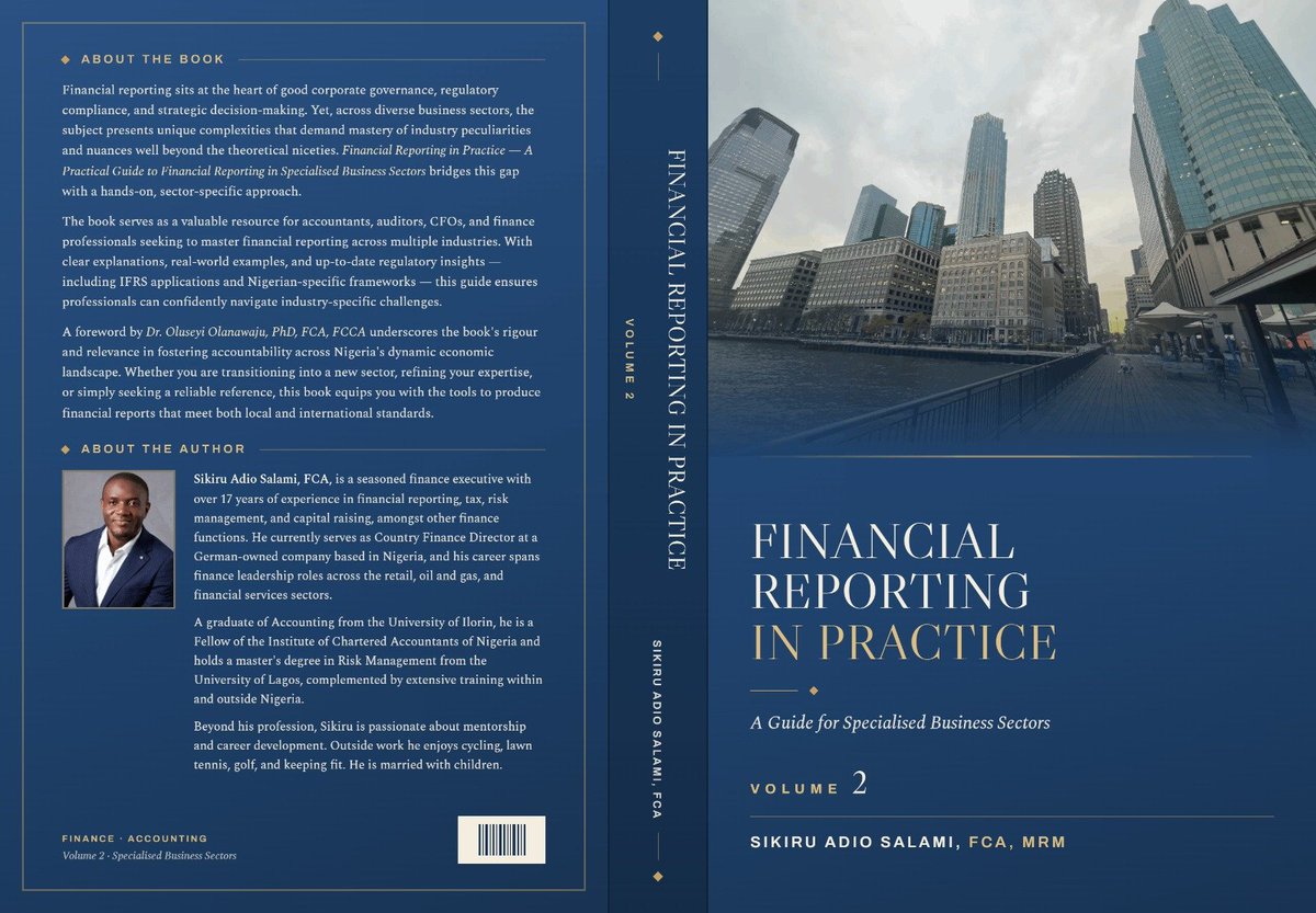 c_kiruStrategy's tweet photo. Financial Reporting in Practice: A Guide for Specialized Business Sectors. 

Now finalizing work on the Volume 2 of this book, and the plan is to release it one chapter at a time. The book deals with specific industry topics and technical financial reporting issues and nuances in 12 business sectors, including banking, pension, healthcare, VC/PE, power etc.

Chapter 1: Finance Organization and Internal Reporting.

You can get chapter 1 here: 

Selar: https://t.co/p3x2yGEnz5

Medium: https://t.co/LjWky54Dpw…

For volume 1 which deals with 11 business sectors, including manufacturing, oil and gas, telecoms, aviation, mining etc, you can get it here:

https://t.co/aQnBiXXf0X