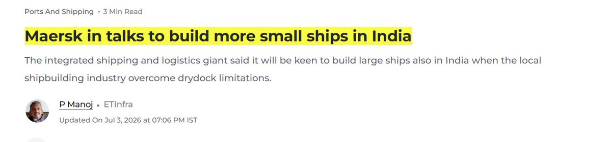 Normal_2610's tweet photo. India builds less than 1% of world ships, China builds 60 to 75%. India pays $70 to 75B every year to foreign shipping companies to carry its own cargo. 

Only 7% of Indian owned vessels are built domestically. Government approved ₹70,000 crore, roughly $8B, in subsidies and loans for Indian shipyards. 

Maersk and CMA CGM placing orders in India is early validation. But India shipyard capacity is 884 times smaller than China. The direction is right but the distance is enormous.

Maersk and CMA CGM ordering ships in India is not charity. South Korea, which builds 25% of world ships, has the lowest birth rate on earth at 0.68 babies per woman. 

Korean shipyard officials admit their workforce is shrinking and they will run out of local workers within a decade. China builds most ships but carriers want alternatives. 

CMA CGM placed its first ever Indian order, 6 LNG container ships at Cochin Shipyard worth $360M, built with Korean technical cooperation. India is becoming the backup yard.

India imports every shipping container it uses. These are the steel boxes that go on cargo ships. China makes 96% of world shipping containers. Until last week India produced zero domestically. 

Maersk just received India first made in India EXIM container at Dadri in UP and ordered 1,000 more. Government budget scheme targets building capacity for 1 million containers per year over next decade. 

Less dramatic than ordering ships but fixing this dependence on China matters just as much for cutting trade costs.