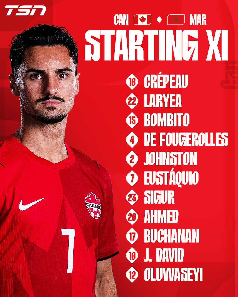 TSN_Sports's tweet photo. Canada's Starting XI for their Round of 16 match against Morocco, featuring Stephen Eustáquio as captain! 🇨🇦 #FIFAWorldCup https://t.co/cQBtSwtPqQ