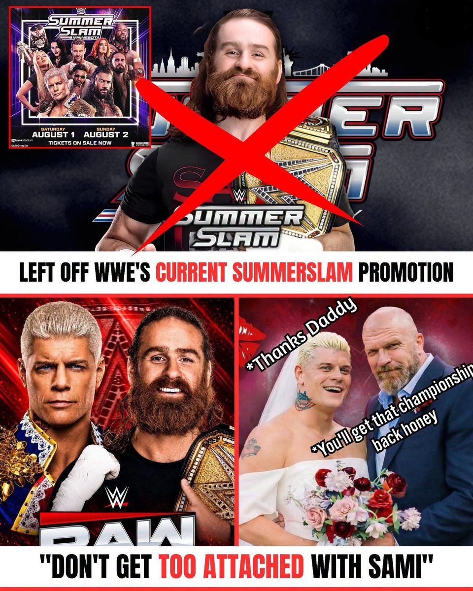 TheSquaredTimes's tweet photo. 🚨 REPORT: Sami Zayn isn't featured in WWE's current SummerSlam promotional material, and that's got a lot of people talking.

According to reports, WWE hasn't instructed its marketing team to include the current WWE Champion, which has sparked speculation that a title change could happen before SummerSlam.

Sami only just made history by beating Cody Rhodes and GUNTHER to win his first WWE Championship, but with a title defense against Cody on next week's Raw, fans are already wondering if his underdog title reign could be cut short.

It could be nothing or WWE might have a big surprise planned. 👀