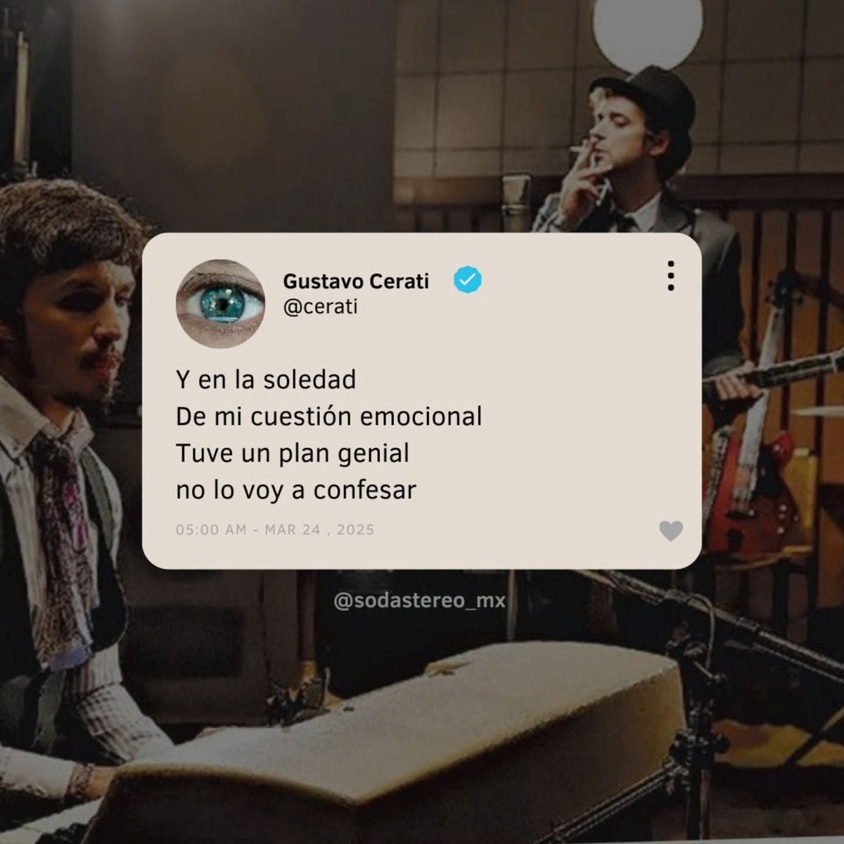SodaStereo_Mx's tweet photo. "Lo entendiste mal, no quise matar lo nuestro..."

"19" de Emmanuel Horvilleur retrata el momento en que los malentendidos pesan más que los sentimientos y las palabras llegan demasiado tarde. https://t.co/Dc9ZwB8vRW