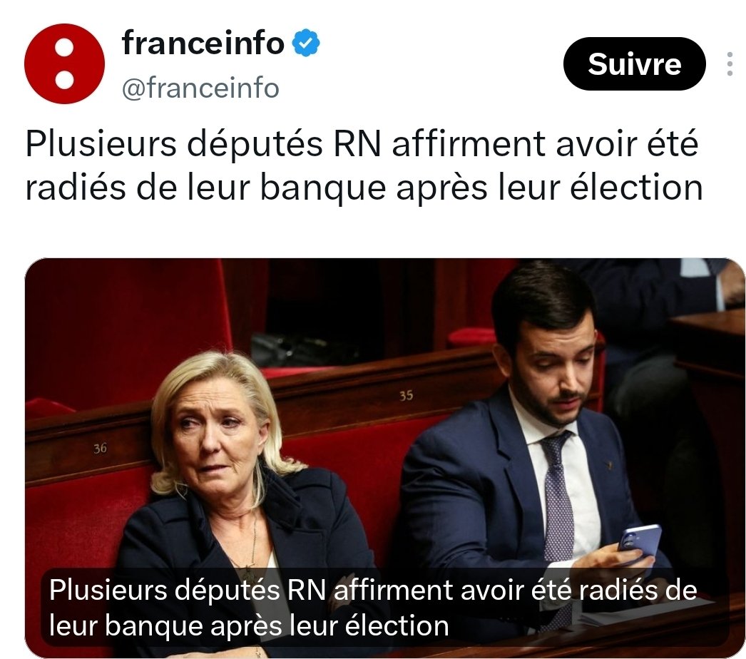 mrvicfer's tweet photo. Quatre députés RN, Stéphane Rambaud, Jean-Philippe Tanguy, Franck Allisio et Thomas Ménagé, affirment avoir reçu, peu après leur élection en 2022, un courrier de leur banque leur annonçant la fermeture de leur compte. 

Aucune explication précise, un simple "nous n'avons plus convenance à maintenir nos relations commerciales". Certains étaient clients depuis leur majorité. Le motif officiel invocable serait leur statut de personne politiquement exposée, une catégorie censée viser les risques de blanchiment.

Sauf qu'aucun autre groupe parlementaire, toutes étiquettes confondues, n'a signalé de cas similaire à la questure de l'Assemblée.

Beaucoup vont s'étonner. La banque, c'est l'argent, l'argent devrait naturellement pencher à droite. C'est oublier ce qu'est réellement une banque en France. 

Une banque n'est pas une entreprise libre qui vend un service comme une autre. Elle exerce sous licence d'État, un agrément délivré et retiré par les autorités de régulation, avec un numéro dédié pour transmettre aux services de renseignement financier le moindre soupçon sur tel ou tel client. 

Une banque qui déplaît à l'administration peut voir son agrément fragilisé, ses contrôles se multiplier, ses relations avec la Banque de France se tendre. Dans ce système là, la neutralité politique d'un établissement bancaire n'est jamais totalement garantie, elle dépend du climat que l'État laisse s'installer autour d'un parti.

On comprend alors pourquoi le RN, qui n'est toujours pas parvenu à trouver une banque française prête à financer sa campagne de 2027, voit aussi certains de ses élus personnellement débanqués sans motif clair. 

C'est la conséquence logique d'un secteur entier placé sous tutelle étatique, où appartenir au mauvais parti peut suffire à devenir un client encombrant. La prochaine fois qu'on vous dira que la finance est de droite, rappelez vous qu'en France, la finance obéit d'abord à l'État socialiste.