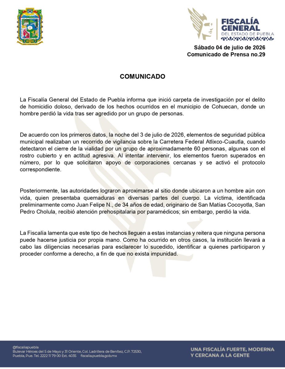 fer_torres_d's tweet photo. Condena @Gob_Puebla el linchamiento en la carretera federal a San Juan Amecac y precisa que ocurrió en el municipio de #Cohuecan.

Por su parte, @FiscaliaPuebla informa que inició la investigación por el delito de homicidio doloso y que en el hecho participaron 60 personas aprox. https://t.co/VC9Cn1lc6m