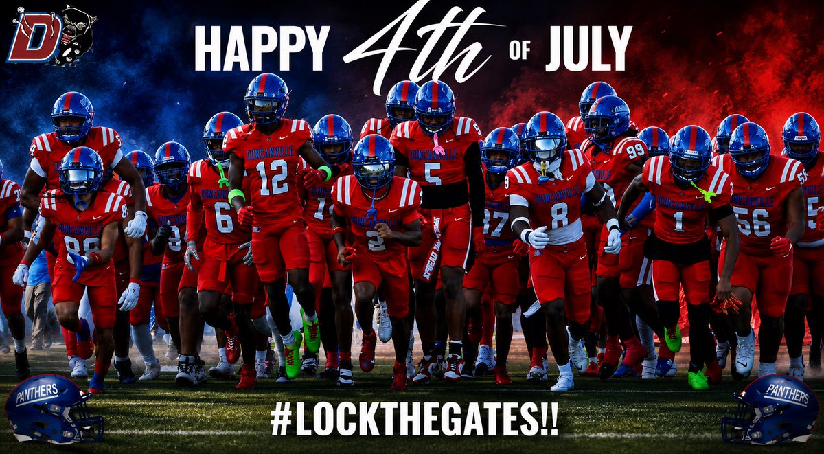 Duncanville_FB's tweet photo. 🇺🇸 Happy 4th of July, Panther Nation! Today we celebrate faith, freedom, family, and community. Thank you for being the heartbeat of Duncanville Football. Enjoy the holiday, stay safe, and get ready… football season is almost here! 🏈💙❤️ #LockTheGates #PantherNation https://t.co/BbswXz7Z9I