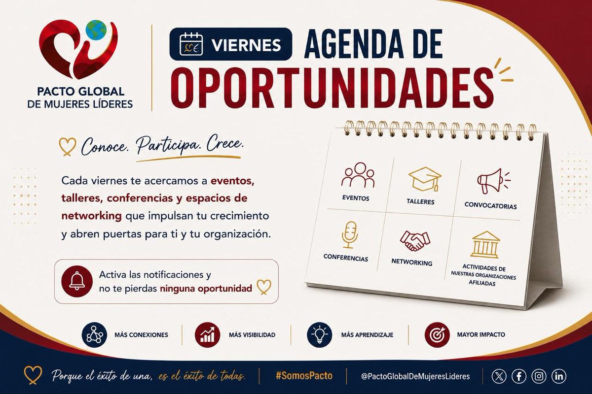 PactoMujerLider's tweet photo. ✨ ¡Lanzamos nuestra Agenda de Oportunidades!

Eventos, capacitaciones, networking y convocatorias para impulsar el liderazgo y crecimiento de nuestra comunidad.

🤝 ¡Síguenos y no te pierdas ninguna oportunidad!

#PactoGlobalDeMujeresLideres #AgendaDeOportunidades https://t.co/PfhmQUSJqz