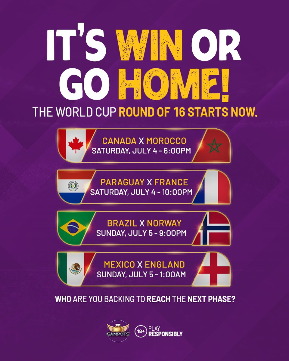 gampots's tweet photo. First game of Round of 16 de start in 20 mins
Who you de reason say go qualify go next round?

As you don drop m for comment box you still fit go play m for https://t.co/yvvLDUnwqD
No forget use our promo code oo: WC2026

#WorldCup2026 #FootballFans #NaijaFootball #Gampots https://t.co/wZIBG64oQI