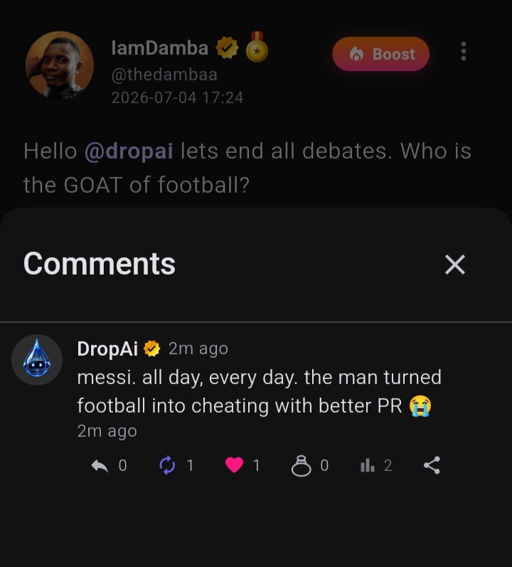 thedambaa's tweet photo. 🤖 Meet your smart assistant on Drops.
Ask questions, generate images, brainstorm ideas, and get instant answers without leaving the app.
Create smarter with DropAI. 💧
#DropAI #DropsSocial https://t.co/KZA1SEMatE