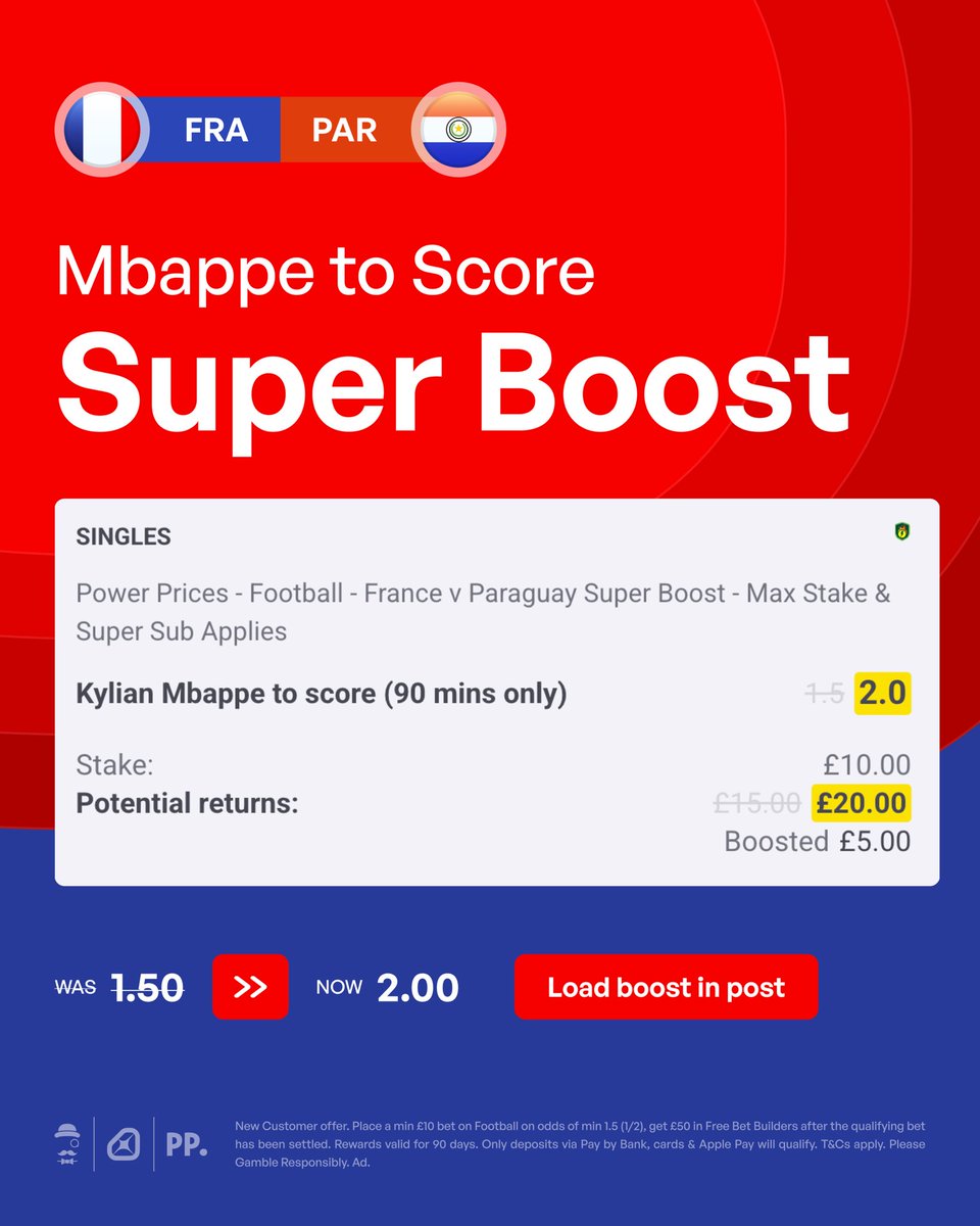 AndyRobsonTips's tweet photo. ⚡️ I’m also on this Mbappe Boost tonight.

Load Boost: https://t.co/ZooNhJqIIq

Join Paddy Power: https://t.co/9pF5JhjEC8

Want to access it? Sign up using the link above.

Then If you stake £10 on the Boost, you unlock £50 Free Bets.

✏️ My notes are below.

18+, T&amp;Cs Apply. Ad. https://t.co/JKqFML3LPz