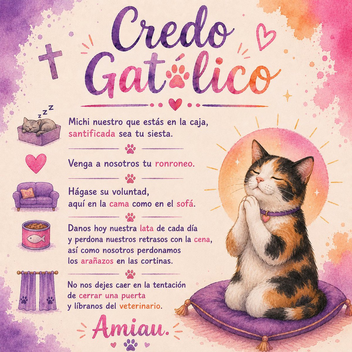 Neinei_art's tweet photo. Una vez alguien me dijo que los amantes de los gatos somos una secta... Y pensé: "oye, pues no es mala idea". 😌🐈

Así que, hermanas y hermanos del Gatolicismo, sed bienvenidos a esta humilde congregación.

No venimos a lavaros el cerebro... Bueno, un poquito sí. Pero solo para que acabéis haciendo tres cosas: rescatar, acoger y esterilizar. Si además os encontráis dejando siempre libre el mejor sitio del sofá, leyendo los ingredientes de su comida y enseñando fotos de gatos a cualquiera que se cruce en vuestro camino... el proceso habrá sido un éxito.

Repetid conmigo:

"Amiau." 🐾

Y ahora compartid la palabra del michi. Que cuantos más fieles se unan a esta religión, menos gatos necesitarán un milagro. 💜🐱