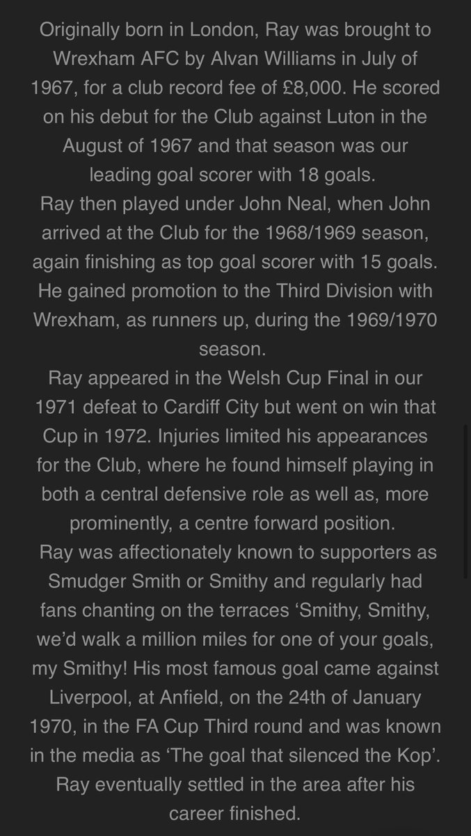 WrexhamLowdown's tweet photo. OTD 1967 ✍️

Today in 1967, Wrexham made a then club record signing with the capture of Ray Smith from Southend United for £8,000.

Ray would go on to spend five seasons at the club, scoring 71 goals and being part of the great 1969/70 promotion winning side.

He was a great player and famously scored at the Kop end at Anfield in front of 54,000, to give Wrexham a shock 1-0 half time lead in the FA Cup in 1970 (see third pic).

Ray lived in Wrexham after his footballing career finished and sadly passed away in the town 5 years ago, aged 77.
