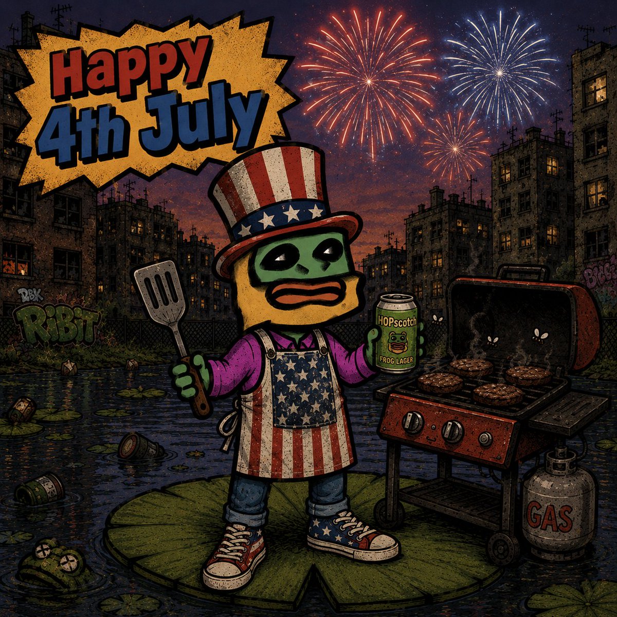 BADFROGS11's tweet photo. Happy 4th July to all the Americans in the house. 🇺🇸🐸

Just remember, if the BBQ isn't smoking enough to trigger an EPA investigation, you ain't cooking. 🍔🍺

Much love from the Bad Frogs Fam! 🐸💚 https://t.co/a0g9ZkCMrz