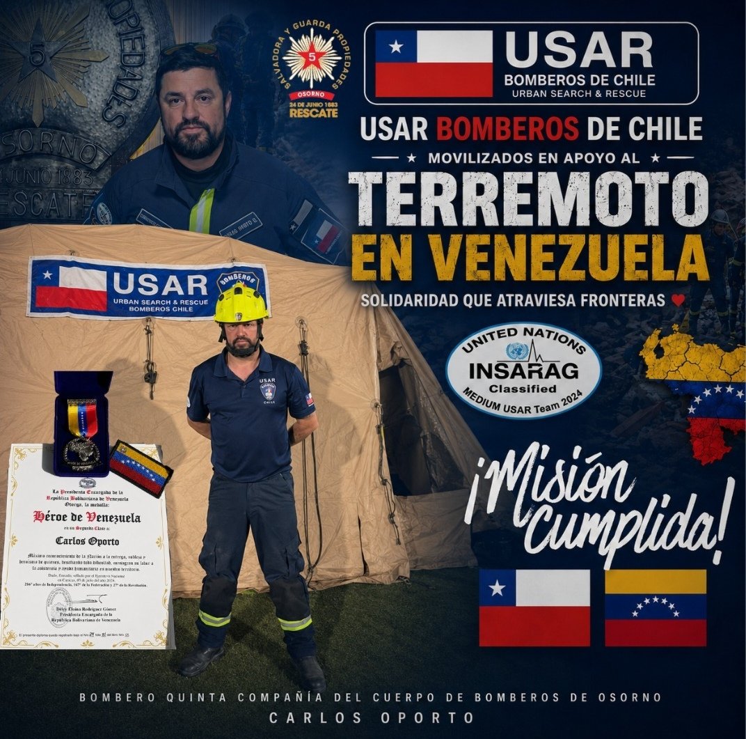quintacbo's tweet photo. ¡MISIÓN CUMPLIDA! 🇨🇱 El grupo USAR Bomberos de Chile ya regresa en el vuelo FACh 985 tras casi 100 horas de intenso trabajo humanitario en Venezuela, logrando el rescate con vida de una víctima.

​Destacamos con orgullo a nuestro Voluntario de la 5ta Compañía, Carlos Oporto. https://t.co/YSGzuBYwP4