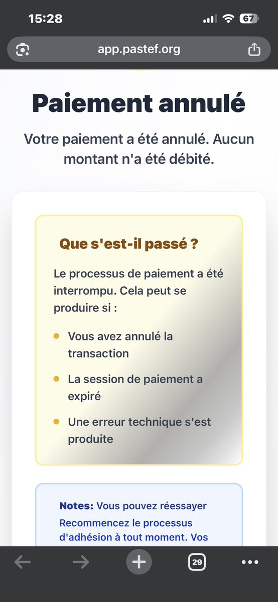sibyog13's tweet photo. Hello @PastefOfficiel, j’ai constaté que lorsqu’un paiement échoue ou est annulé, le compte est tout de même créé. Du coup, il est impossible de recommencer l’inscription avec le même email car il est déjà enregistré.

Il semble que le compte soit créé avant la validation du paiement. Il faudrait soit créer le compte après paiement réussi, soit permettre de relancer le paiement pour un compte en attente.

Pouvez-vous vérifier cela ?
@Noo_IDcard