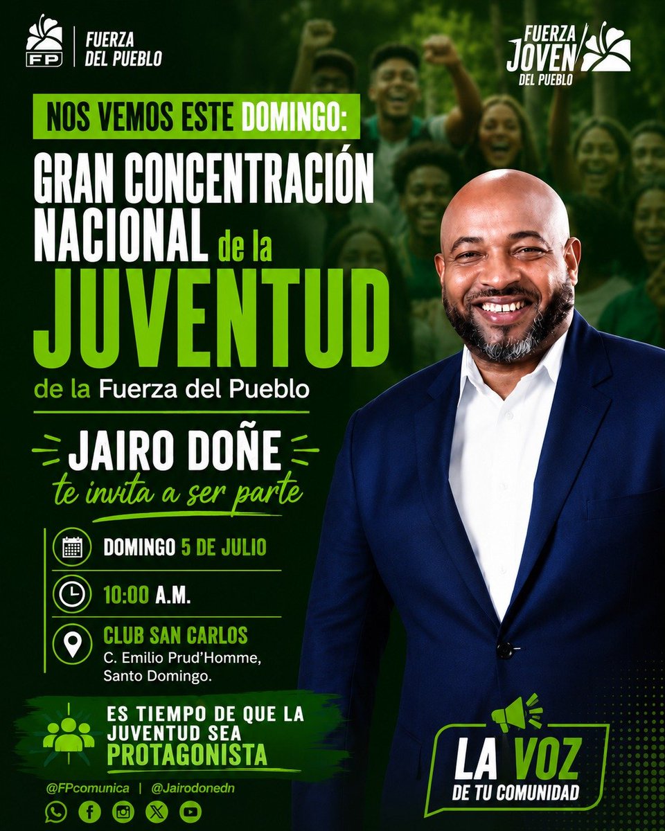jairodonedn's tweet photo. #jairodoñe | La juventud tiene mucho que decir, es momento de dar un paso al frente.

📍 Domingo 5 de julio
🕙 10:00 a. m.
📍 Club San Carlos, SD

Necesitamos jóvenes que participen, propongan y den un paso al frente por la República Dominicana que todos queremos. https://t.co/UAcZl2SraA