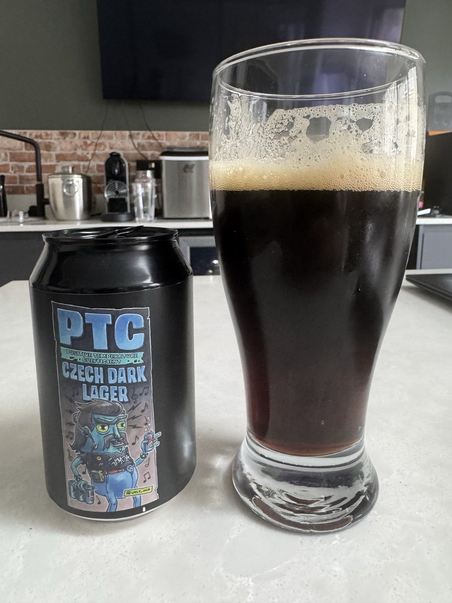 ArthurJGates's tweet photo. Another Mexican beer. PTC Czech Dark Lager. Dark, roasted, smooth. Coffee and malt, a clean finish. The can features what I can only describe as a musical zombie. I am a beer critic, not a psychiatrist. The beer is very good. England are batting better. I am content. 4/5. https://t.co/SwAF8kkpz8