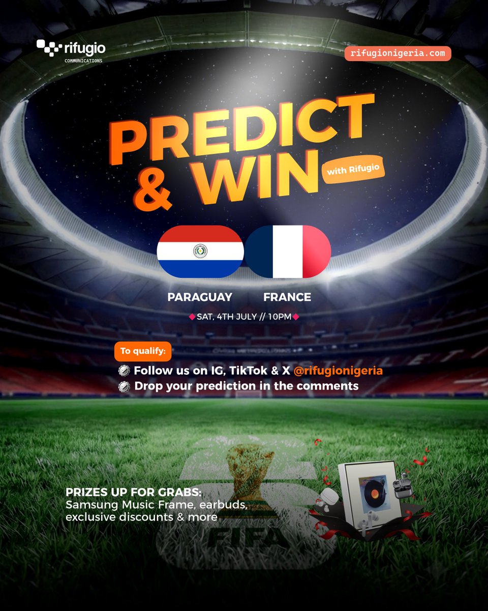 RifugioNigeria's tweet photo. Predict &amp; Win with Rifugio is here!

To qualify:
✅ Follow us on IG, TikTok &amp; X @rifugionigeria
✅ Drop your prediction in the comments

PLEASE NOTE: PRIZES WILL BE PICKED IN OUR IBADAN STORE. SO YOU SHOULD RESIDE IN IBADAN TO QUALIFY. https://t.co/tSRkce432X