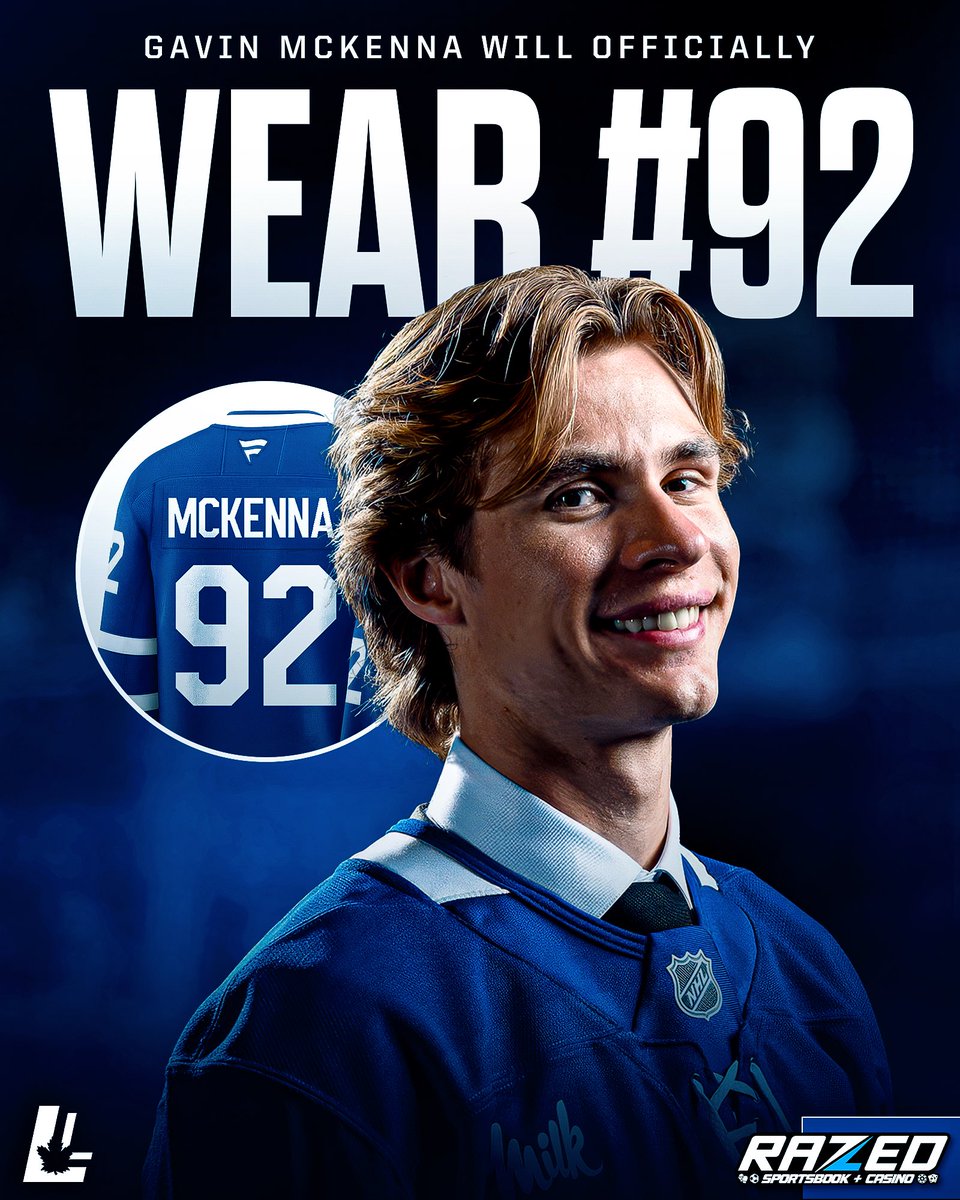 Leafslatest's tweet photo. 🚨 OFFICIAL: Gavin McKenna will wear number 92 for the Maple Leafs in his rookie season. ✅

McKenna will become the 4th Leafs player all-time to wear 92, joining Jeff O’Neill (2006–2007), Igor Ozhiganov (2019), Alexander Nylander (2025).

#leafsforever https://t.co/sbpJmhBzOd