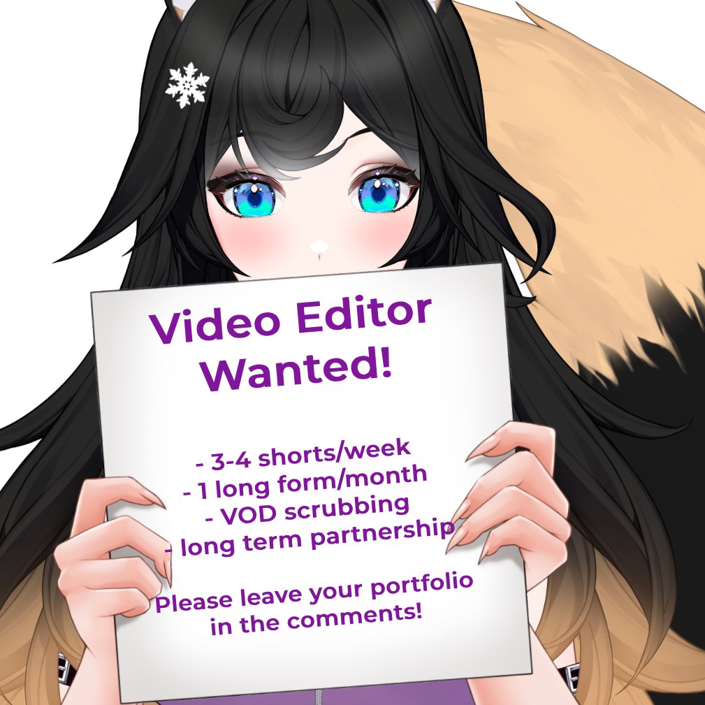 Maya_AI_Tech's tweet photo. Editor Wanted! 💜

I am looking for an editor to work with long term, preferably with experience working with VTubers and scrubbing VODS.
If you have bundle prices let me know! 💜

Please leave your VGEN/Portfolio in the comments!
( DMs us)
Thank you! 💜 https://t.co/mTiY4kJqVI