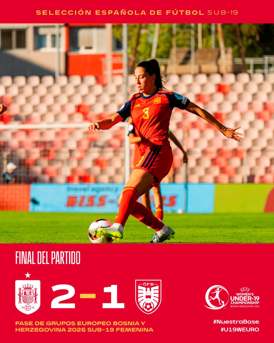SEFutbolFem's tweet photo. 🏁 ¡FINAL DEL PARTIDO! ¡ESPAÑA PASA A SEMIFINALES COMO PRIMERA DE GRUPO!

🇪🇸 2-1 🇦🇹 | 90+5'

📺  @rtveplay.

#U19WEURO | #NuestraBase https://t.co/TceWSSTKVp