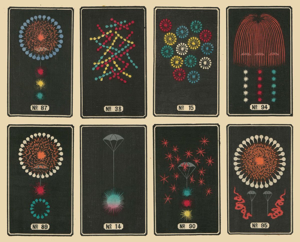 PublicDomainRev's tweet photo. Illustrations from Japanese fireworks catalogues (ca. 1880s) — https://t.co/VPbGvAEb2t 

#Fireworks appeared in Japan sometime around 1600 and were called hanabi — a combination of the kanji “fire” and “flower”. https://t.co/BdpYR7y0QS