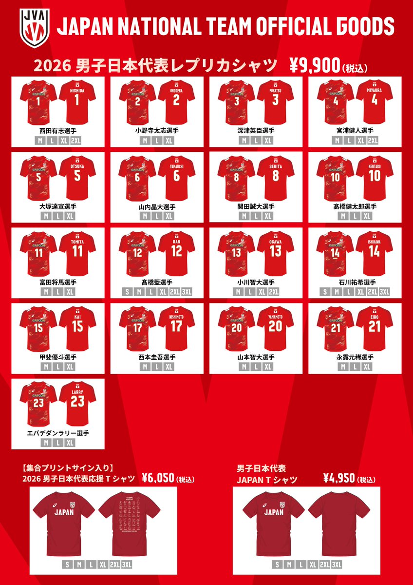 JVA_Volleyball's tweet photo. 【グッズ情報】
2026バレーボール男子日本代表国際親善試合（沖縄大会）

会場でのグッズ販売情報を公開いたしました✨
レプリカシャツや沖縄大会限定グッズなどをご用意しておりますので、ぜひチェックしてみてください✅👀

詳細はこちら▶https://t.co/hXdEe2JfEx

#バレーボール男子日本代表
#つなげ2026 #限界はまだ先にある
#バレーボール #volleyball