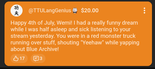 TTULangGenius's tweet photo. Happy 4th of July, everyone!
Have a description of a really silly dream I had while half-asleep and sick in bed with allergies while listening to Wemi's stream yesterday! https://t.co/7BsYyylmXL