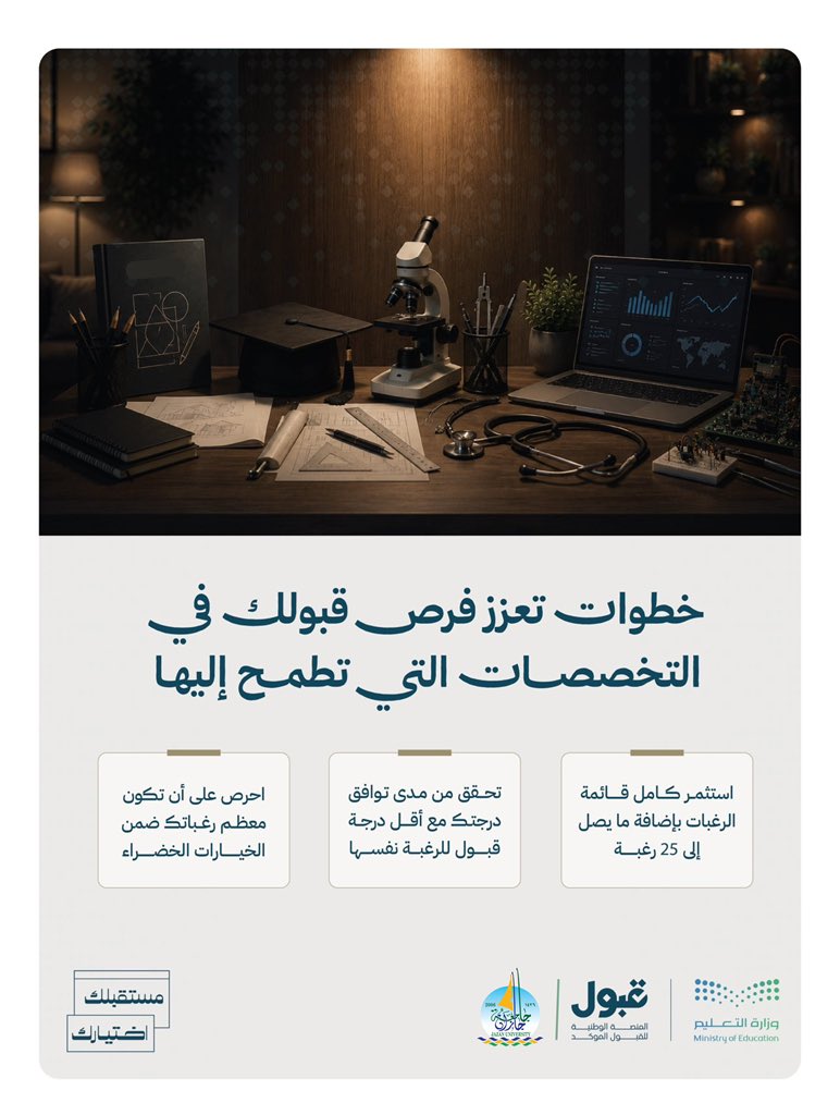 JazanUniversity's tweet photo. عزّز من فرص قبولك. 

#منصة_قبول 
#مستقبلك_اختيارك
#جامعة_جازان https://t.co/lSBKqUCUtb
