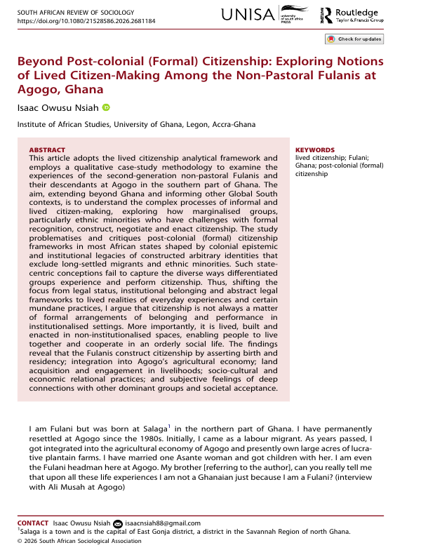 SARS_Journal's tweet photo. New Study OUT NOW:

Beyond Post-colonial (Formal) Citizenship: Exploring Notions of Lived Citizen-Making Among the Non-Pastoral Fulanis at Agogo, Ghana

by Isaac Owusu Nsiah

Read more at: https://t.co/TuZKhIXwWI https://t.co/zbyQMzOFVV