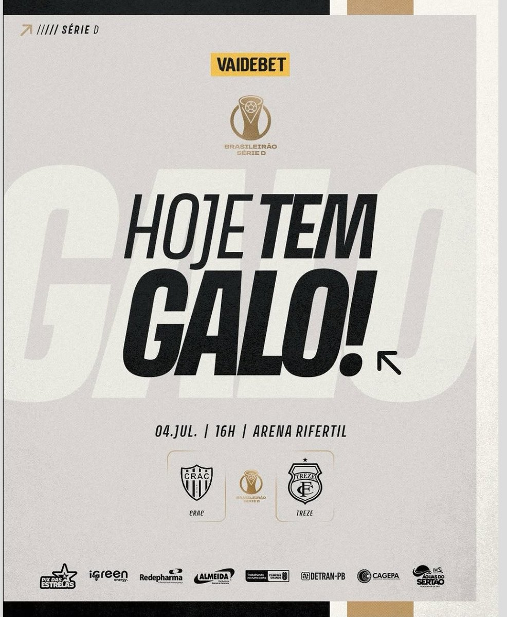 TrezeFCOficial's tweet photo. HOJE TEM GALO! 🐔

🆚 CRAC-GO
📆 04/07
🕟 16h00
🏟️ Arena Refertil 
📍Catalão-GO 
🏆 Campeonato Brasileiro Série D - Terceira Fase 

#AguerridoeLutador https://t.co/XS8i0tCK27