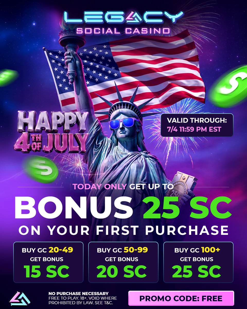 legacy_arcade's tweet photo. Happy 4th of July! 🎆🇺🇸

Our special 250th Independence Day BONUS is LIVE!

Visit https://t.co/O1q5L6MvGO , make your first purchase ONLY TODAY, and unlock a special SC bonus based on your GC purchase tier.

Bonus tiers:

🎁 Buy GC 20 - 49 → GET BONUS 15 SC
🎁 Buy GC 50 - 99 → GET BONUS 20 SC
🎁 Buy GC 100+ → GET BONUS 25 SC

❗ Note: This offer is available for TODAY ONLY and  ends at 11:59 PM EST.

❗Not eligible for players who sign up on the 4th of July.

👉 Go to https://t.co/O1q5L6MvGO and claim your special offer today!