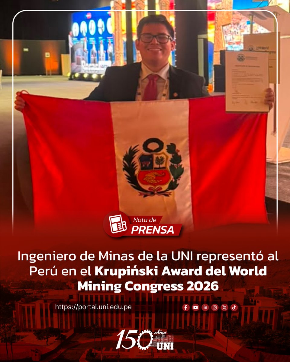 UNIoficial's tweet photo. ⛏️ El ingeniero José Pedro Cortez Ordoñez, egresado de la #UNI, representó al Perú en el Krupiński Award del World Mining Congress 2026, destacando con una investigación sobre innovación aplicada a la minería subterránea.
🔗 https://t.co/Ss4nPAxQe2
#UNI150Años #FIGMM #Minería https://t.co/8cLpbJms3L