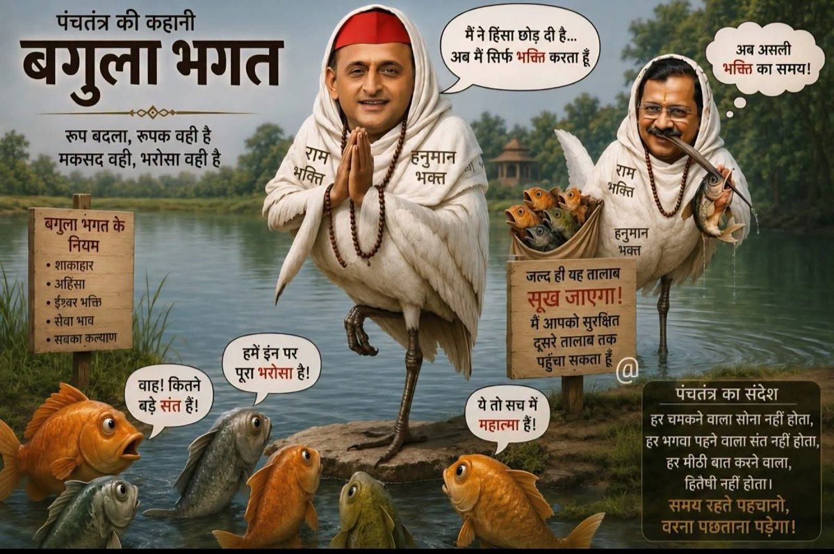 Sudhir_mish's tweet photo. पंचतंत्र में एक कहानी आती है — "बगुला भगत"।

एक बगुला था। उम्र हो चली थी। मछलियाँ पकड़ना मुश्किल हो गया था। तब उसने एक नई तरकीब निकाली।

तालाब के किनारे खड़ा होकर आँखें बंद कर लीं, एक पैर पर खड़ा रहने लगा और चेहरा ऐसा बनाया जैसे कोई महान तपस्वी हो।

मछलियों ने पूछा, "भगत जी, आज शिकार नहीं करेंगे?"

बगुला बोला, "अब मैं हिंसा छोड़ चुका हूँ। संसार मिथ्या है। मैं तो ईश्वर की भक्ति में लीन हूँ।"

धीरे-धीरे पूरे तालाब में उसकी साधु वाली छवि बन गई। सबने उस पर भरोसा कर लिया।

फिर एक दिन उसने कहा, "मुझे पता चला है कि यह तालाब जल्द सूख जाएगा। मैं चाहूँ तो तुम सबको अपनी पीठ पर बैठाकर दूसरे सुरक्षित तालाब तक पहुँचा सकता हूँ।"

भोली मछलियाँ एक-एक करके उसकी पीठ पर बैठती रहीं...

लेकिन दूसरे तालाब की जगह वे सीधे उसकी चोंच का भोजन बनती रहीं।

जब तक सच्चाई सामने आई, बहुत देर हो चुकी थी।

पंचतंत्र का संदेश बड़ा सीधा है—

हर वह व्यक्ति जो अचानक अत्यधिक धार्मिक, अत्यधिक त्यागी या अत्यधिक संत जैसा दिखने लगे, वह सचमुच वैसा ही हो, यह ज़रूरी नहीं।

कभी-कभी यह केवल भरोसा जीतने की रणनीति भी हो सकती है।

इसलिए भारतीय परंपरा हमें यही सिखाती है कि किसी नेता का मूल्यांकन उसके वस्त्र, तिलक, मंदिर दर्शन, पूजा-पाठ या धार्मिक भाषा से नहीं, बल्कि उसके पिछले कर्मों, निर्णयों और चरित्र से करना चाहिए।

बगुला भगत की कहानी आज भी इसलिए प्रासंगिक है, क्योंकि समय बदलता है, पात्र बदलते हैं, लेकिन राजनीति में चरित्रों की शैली अक्सर वैसी ही रहती है।

पंचतंत्र पढ़िए... उसमें आज की राजनीति समझने की भी अद्भुत शक्ति है।

भारत का वर्तमान समूचा विपक्ष भी बगुला भगत बन चुका है कल तक जिन्हे राम काल्पनिक-मिथ्या लगते थे, जो रामभक्तों को मारकर उनके शवों को सरयू मे बहा दिए थे! 

जिनकी नानी को राममंदिर के बनने से तकलीफ थी! जिन्हे राममंदिर की जगह अपनी अम्मा की डिलीवरी कराने के लिए अस्पताल चाहिए था! 

आज वो अचानक से धार्मिक हो गए उन्हे राममंदिर और उसके चढ़ावे की चिंता सताने लगी मौलानाओं को तनख्वाह के नाम पर 50 हजार बांटने वालों को लव-कुश मंदिर की याद आने लगी

असल मे कालनेमि है जो बगुला भगत बनकर हिंदुओ को भ्रमित करने का कुत्सित प्रयास कर रहे हैं जनता हर बार की तरह इस बार भी इनके ऊपर वोट की चोट करके इन्हे इनकी औकात दिखा देगी