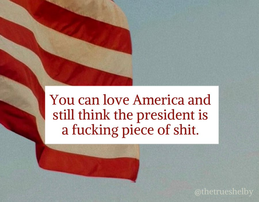 FeistyLibLady's tweet photo. Two things can be true at the same time.

You can love America and still think the president is a fucking piece of shit.

This is happening across America every single day.

You don't have to love the president, but you should be able to tolerate him.

Trump is the exception to that rule.  He is awful on every level.
#DemsUnited