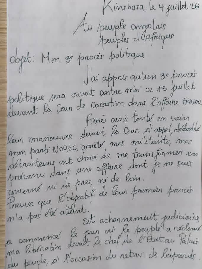 nyangoomari's tweet photo. #RDC : Dans une lettre ouverte, Constant Mutamba annonce sa comparution le 13 juillet devant la Cour de cassation dans l'affaire FRIVAO, qu'il qualifie de « troisième procès politique » contre lui. https://t.co/WQBTCj5Lqe