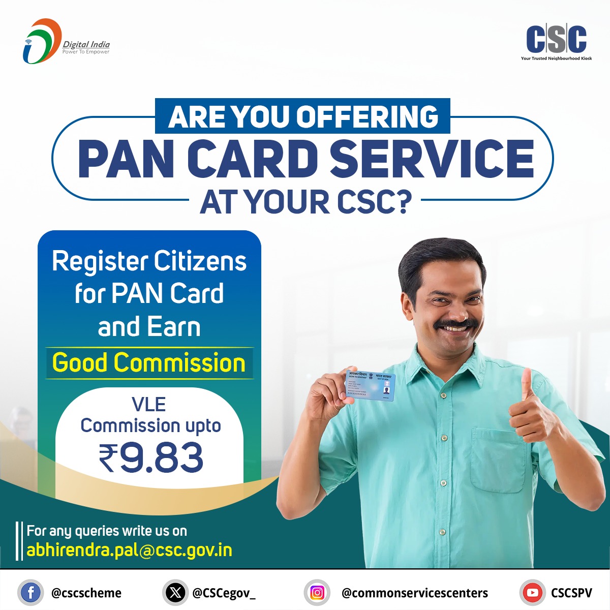 CSCegov_'s tweet photo. Are you offering PAN CARD Service at your #CSC?

Dear VLEs, Register citizens for #PANCARD and earn up to Rs. 9.83

More registrations, more benefits!!

For any queries, write us at abhirendra.pal@csc.gov.in

#DigitalIndia #RuralEmpowerment #PANService #FinancialLiteracy #PAN https://t.co/WBdRcUcsu4